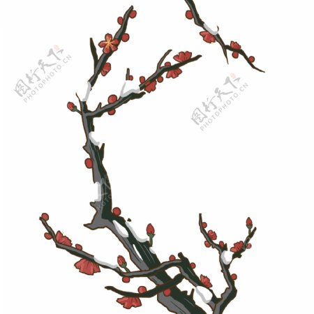 手绘雪中红梅树插画
