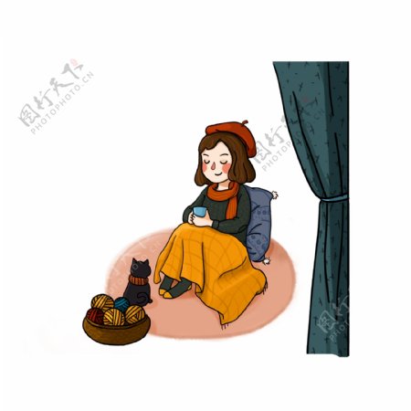 冬季冬天小女孩穿着保暖的围巾帽子毛毯猫取暖卡通手绘