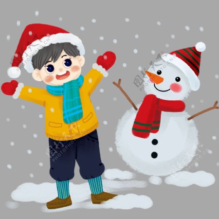 圣诞节喜欢下雪天的雪人和小男孩