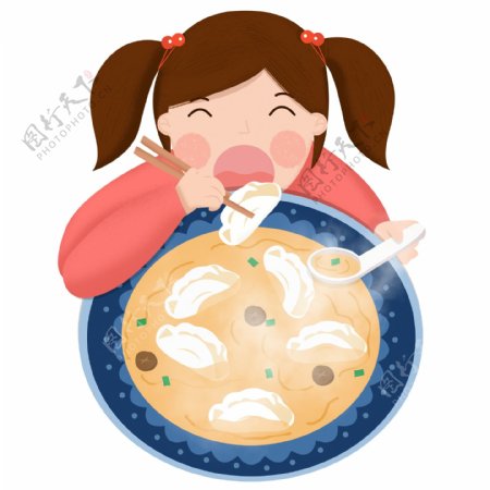 手绘卡通冬至节气可爱女孩开心吃饺子