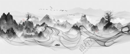 中国风意境水墨山水画古风山水装饰画
