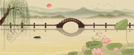 杭州西湖复古中国风山水墨画旅游景点荷花季