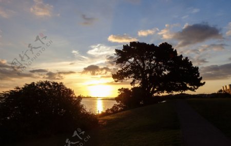 新西兰海滨夕阳风光