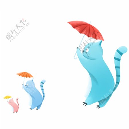 手绘一群撑着伞的猫咪动物设计