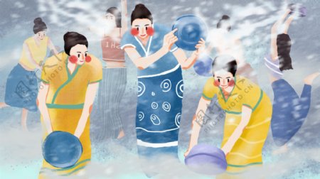 蓝色彩绘小清新插画泼水节女生背景设计