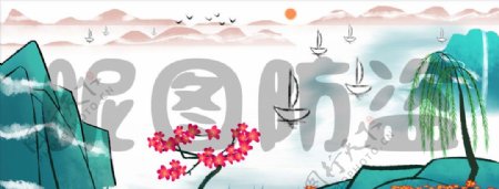 古风插画唯美中国风山水图