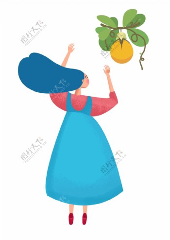 创意插画女孩摘水果柚子插画