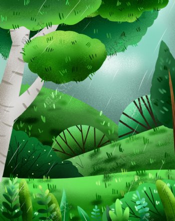 夏季绿色树林下雨背景设计