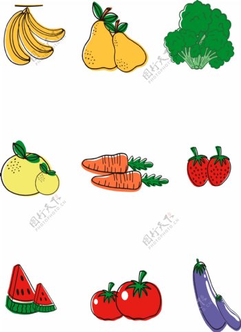 卡通风彩色手绘水果蔬菜元素