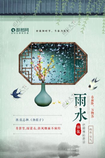 中国风古典二十四节气雨水海报