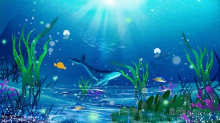 蓝色卡通世界海洋日海底世界鲸鱼插画