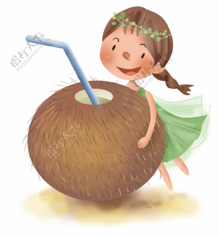 夏季和椰子汁的小女孩