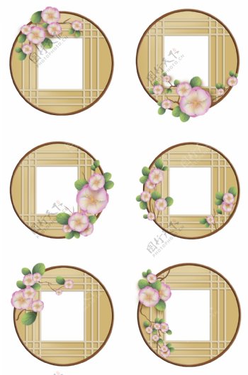 中国风日风窗格和花卉窗框