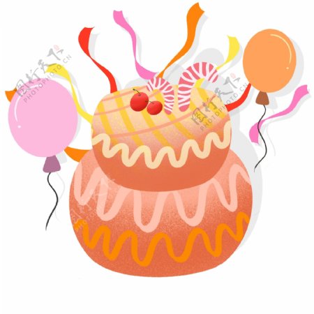 手绘礼花气球生日蛋糕彩色礼花樱桃奶油蛋糕