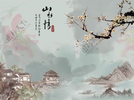 新中式水墨山水花鸟背景墙