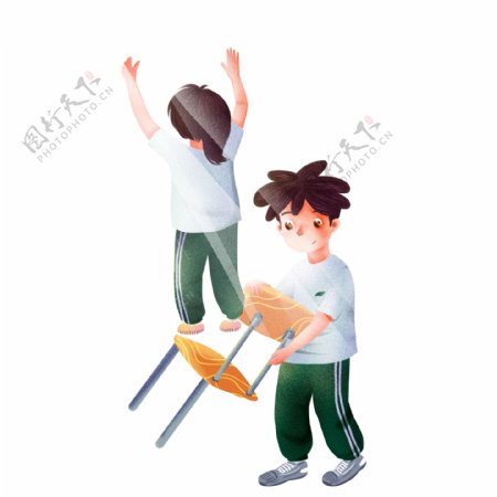 劳动节打扫的两个小男学生插画设计