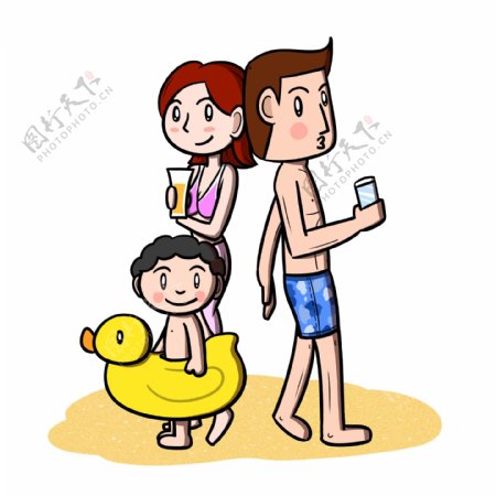 卡通全家人海边沙滩玩乐png透明底