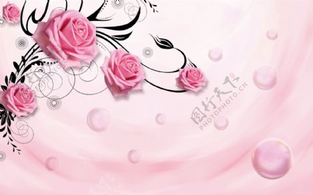 玫瑰花藤泡泡粉色背景立体装饰画