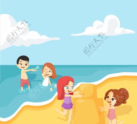 卡通海边沙滩玩耍的4个孩子