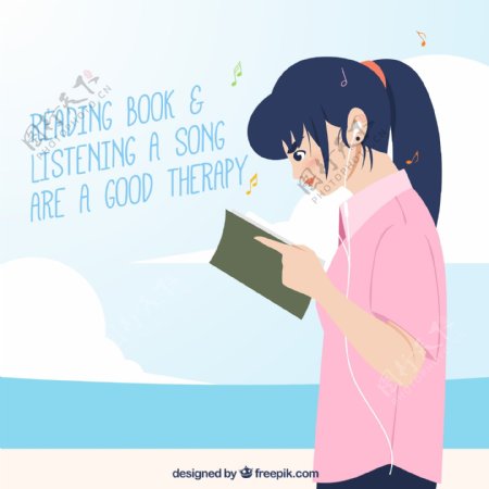 卡通边听音乐边读书的女孩矢量图