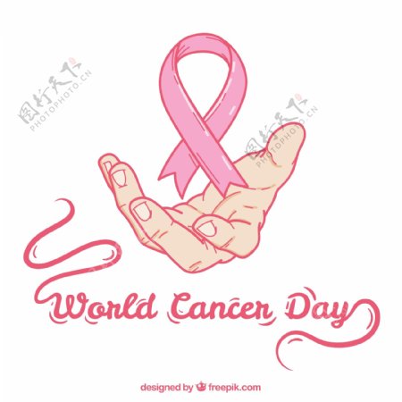 创意世界癌症日托举丝带的手