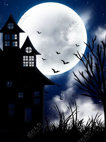 原创梦幻夜晚月亮万圣节城堡扁平插画背景