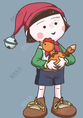 卡通手绘抱小鸡的小女孩