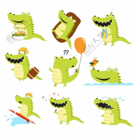 9款可爱绿色鳄鱼AI矢量素材