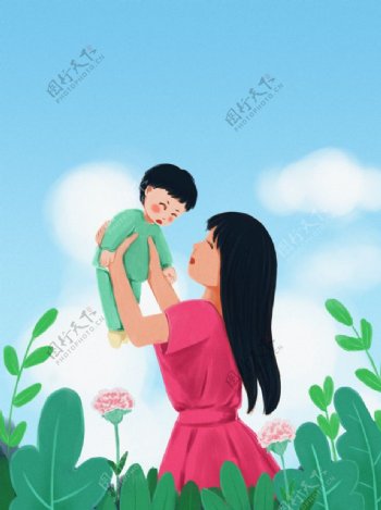 手绘温馨母亲举起孩子母亲节海报