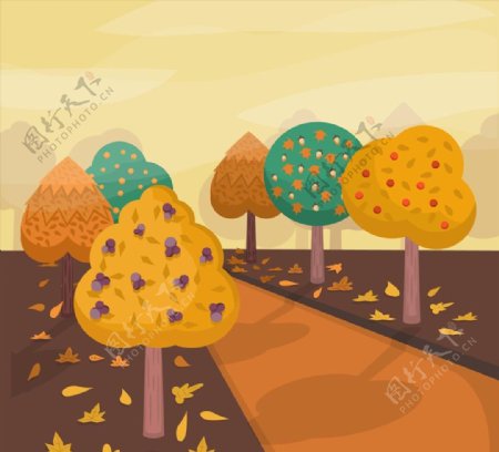 卡通秋季树木道路风景