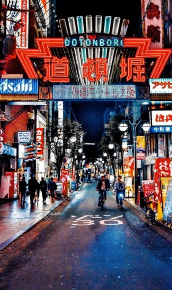 日式街头繁华灯光城市背景素材