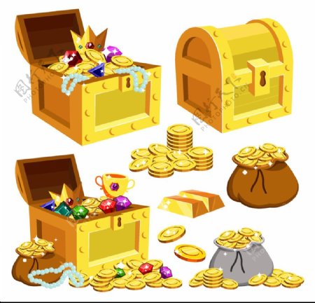 5款卡通藏宝箱和金币袋子
