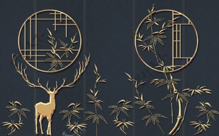 金色窗花小鹿国风传统插画背景