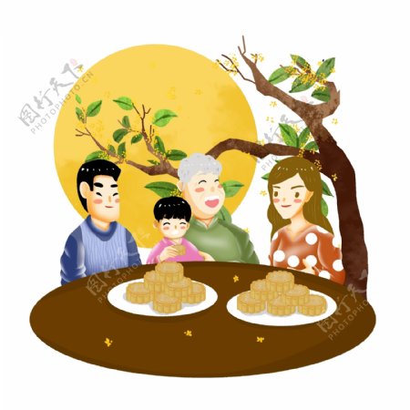 中秋节家人团圆赏月吃月饼
