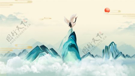 山水国风传统插画卡通背景素材