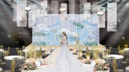 新中式蓝色婚礼效果婚礼背景图片