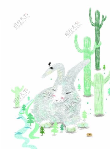少女兔子魔幻插画卡通背景素材图片