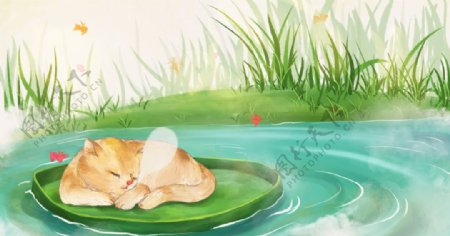 池塘小猫清新插画背景海报素材图片