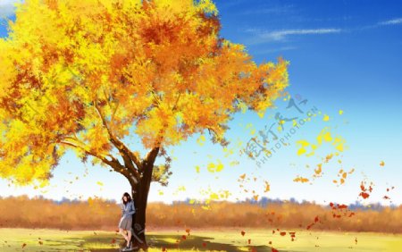 秋季人物插画卡通背景海报素材图片