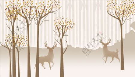水墨画抽象树鹿欧式背景墙图片
