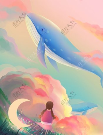 夢幻鯨魚女孩與日落治愈系圖片
