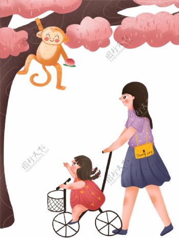 看猴子的女孩和妈妈插画图片