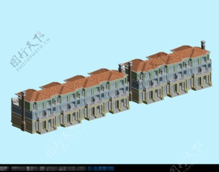 连排建筑模型3d渲染图花园式别墅