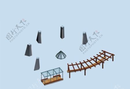 梯形方形弧形架和亭子3D模型