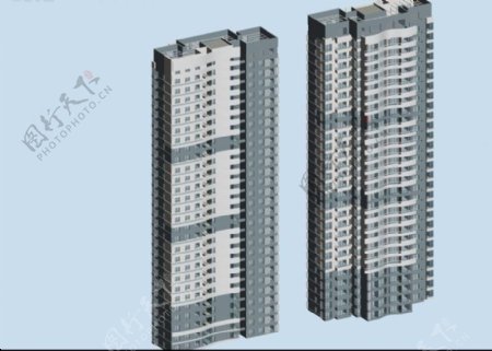 两栋三节高层住宅板式楼3D模型