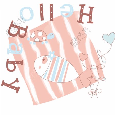 印花矢量图卡通动物小鱼英文色彩免费素材