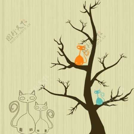 印花矢量图植物大树树枝小猫免费素材