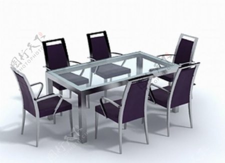 紫色6座餐桌椅组合3D模型
