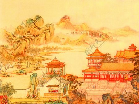 中国画楼阁远山
