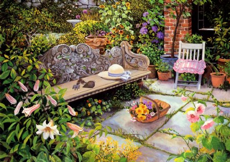 油画温馨的花园图片